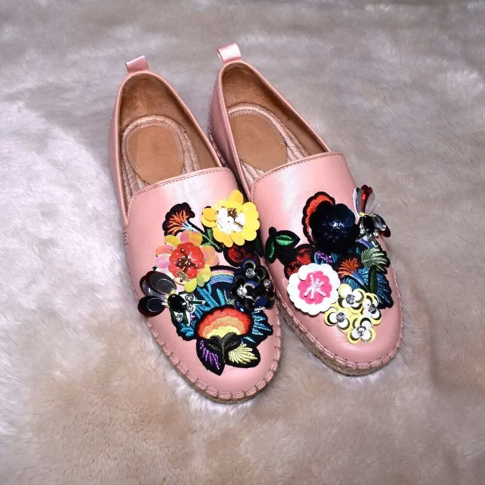 Bill Blass Sutton Pink Floral Embroidered Espadrilles Flats Size 7.5